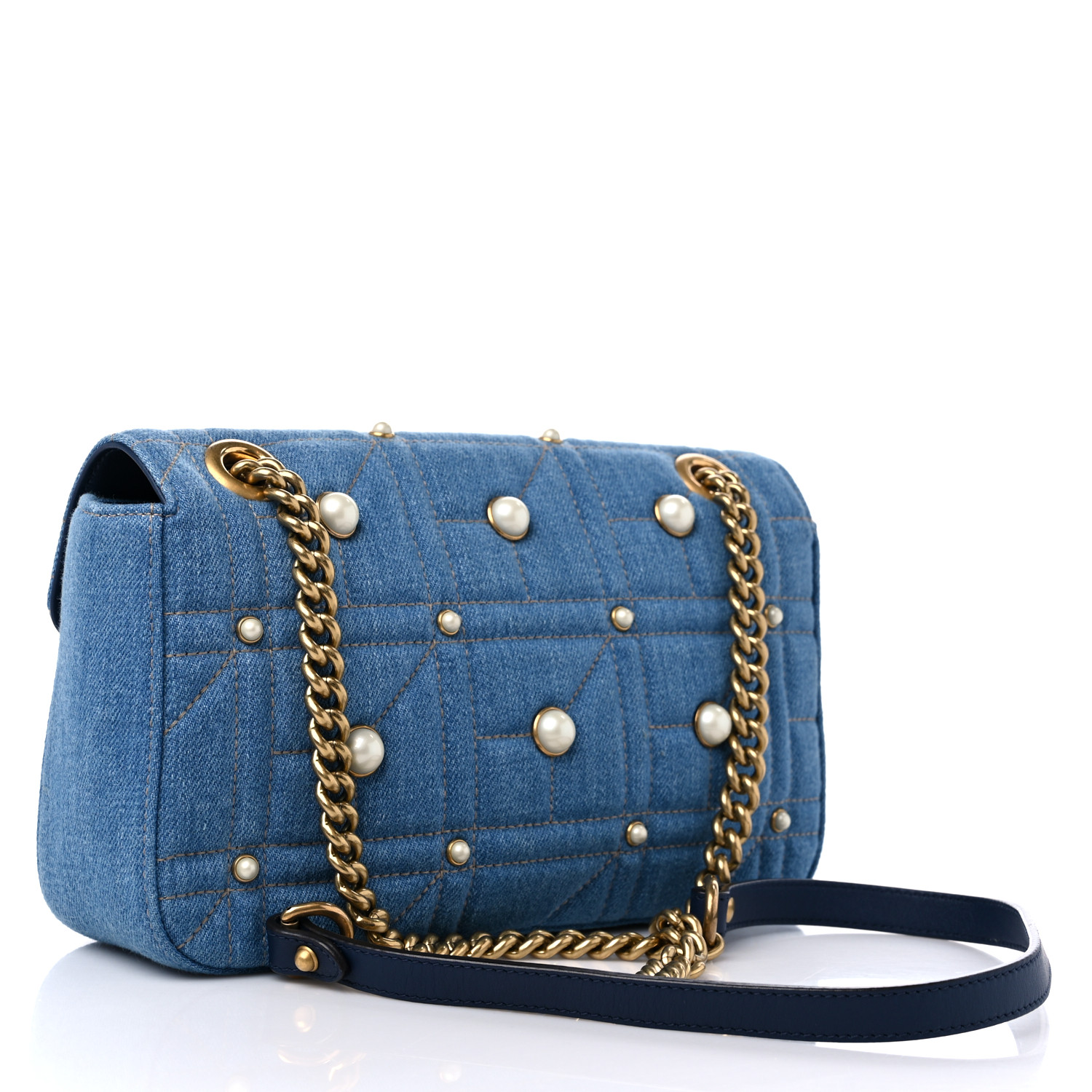 GUCCI Denim Matelasse Pearl Studded Small GG Marmont Shoulder Bag Blue