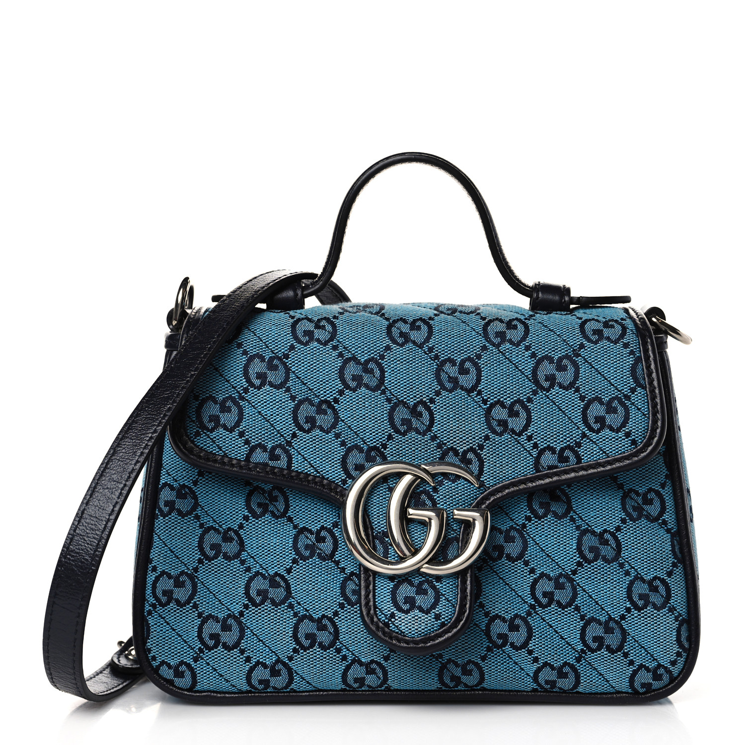 GUCCI Monogram Multicolor Matelasse Diagonal Mini GG Marmont Top Handle Shoulder Bag Light Blue